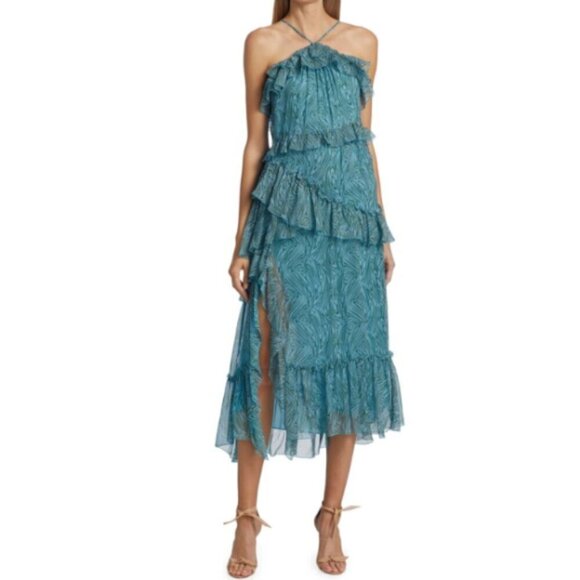 CINQ À SEPT 'Rayner' Asymmetric Ruffle-Trim Midi-Dress, Celeste Multi - Picture 1 of 5
